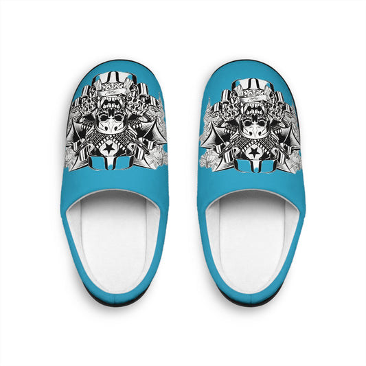 Men's Blue Indoor Slippers with Skull & Helmet Graphic — Brain Bloom Logo
